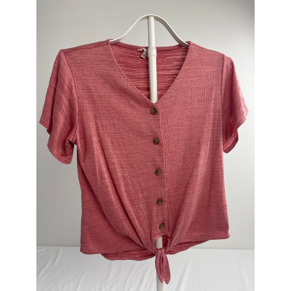 Weatherproof Vintage Womens Coral Pink Button Down Tie Front Slub Top XS